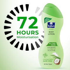 Parachute body lotion bottle with 72-hour moisturisation graphic