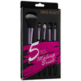 Makeup brush set of 5 with purple handles and black bristles in a retail box