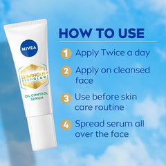 NIVEA Luminous Even Glow oil control serum tube with how-to use callouts