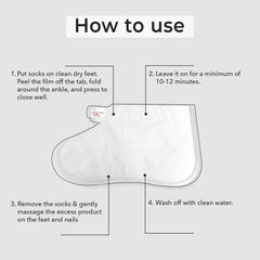 O3+ D-Tan foot mask socks how-to diagram for wearing socks and washing off