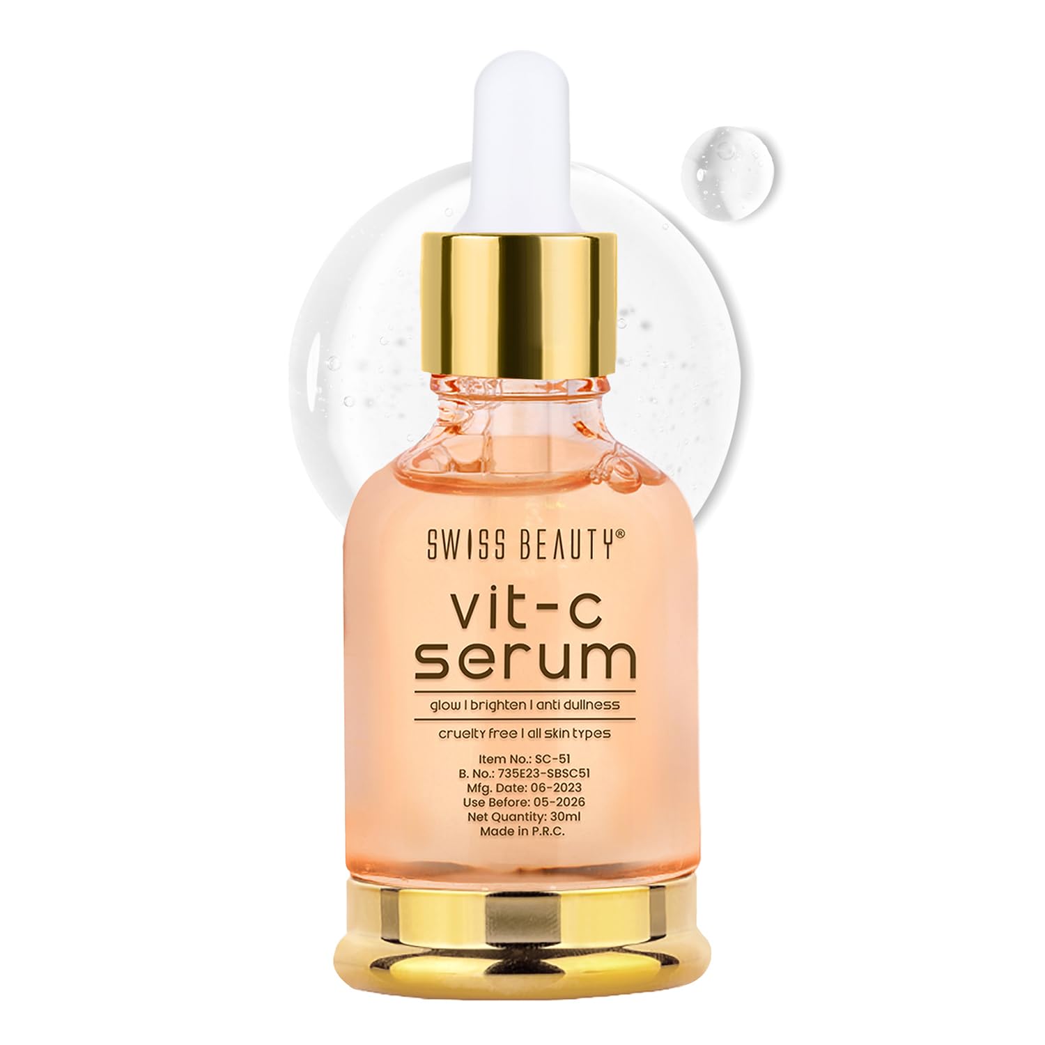 Swiss Beauty vitamin C serum bottle with gold pump cap