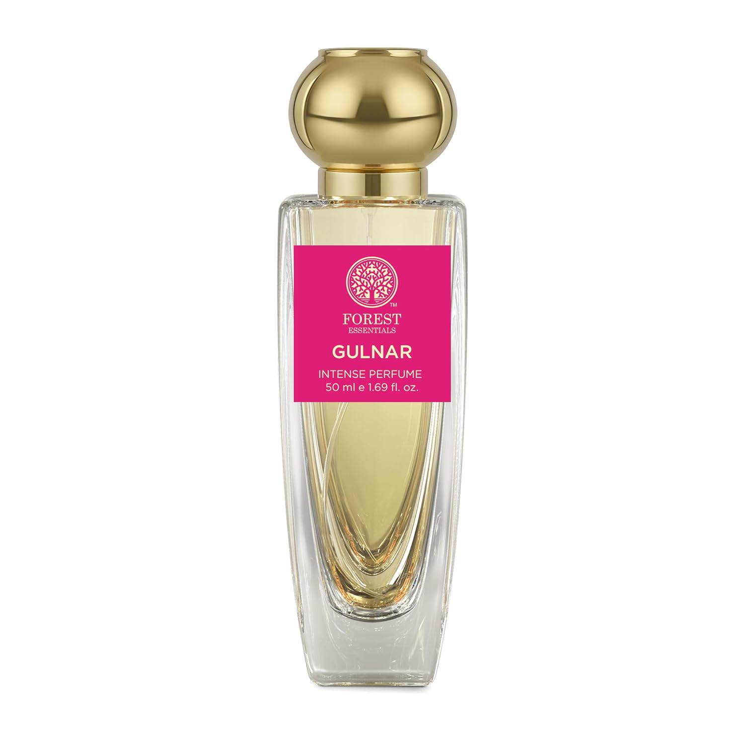Forest Essentials Gulnar intense perfume in clear bottle with gold spherical cap