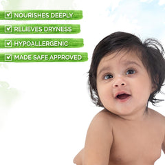 Gentle cleansing baby shampoo with smiling baby and green benefit checkmarks