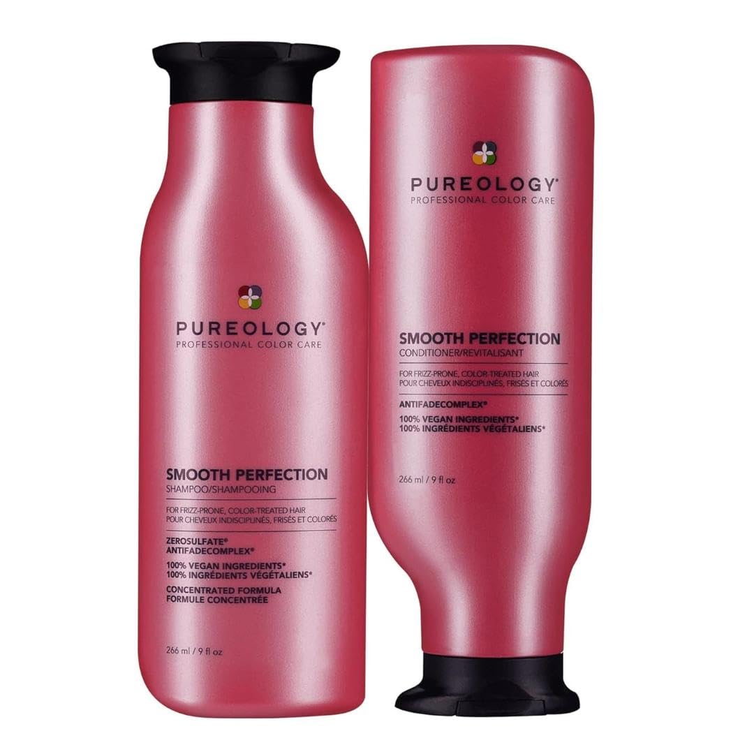 Pureology Smooth Perfection shampoo and conditioner bottles, dark red with black caps