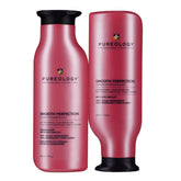 Pureology Smooth Perfection shampoo and conditioner bottles, dark red with black caps