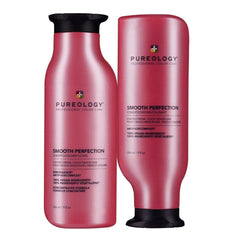 Pureology Smooth Perfection shampoo and conditioner bottles, dark red with black caps