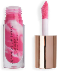 Berry pink lip gloss with doe-foot applicator in clear bottle and rose-gold cap