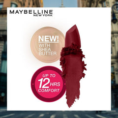 Creamy matte lipstick with burgundy swatch, silver tube and burgundy cap