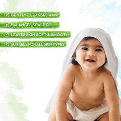 Baby with white hood towel, pampers-style checkmark icons for gentle cleansing