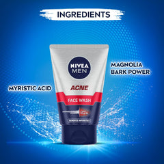 Acne control face wash tube in gray and blue with a red stripe label.