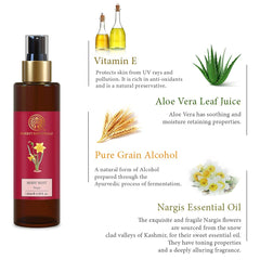 Forest Essentials body mist bottle with red label and gold pump, 130 ml