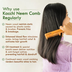 Kacchi Neem comb brushing hair, oil-treated wooden fine-tooth comb for frizz control