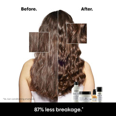 Shampoo bottles with before-and-after hair styling comparison