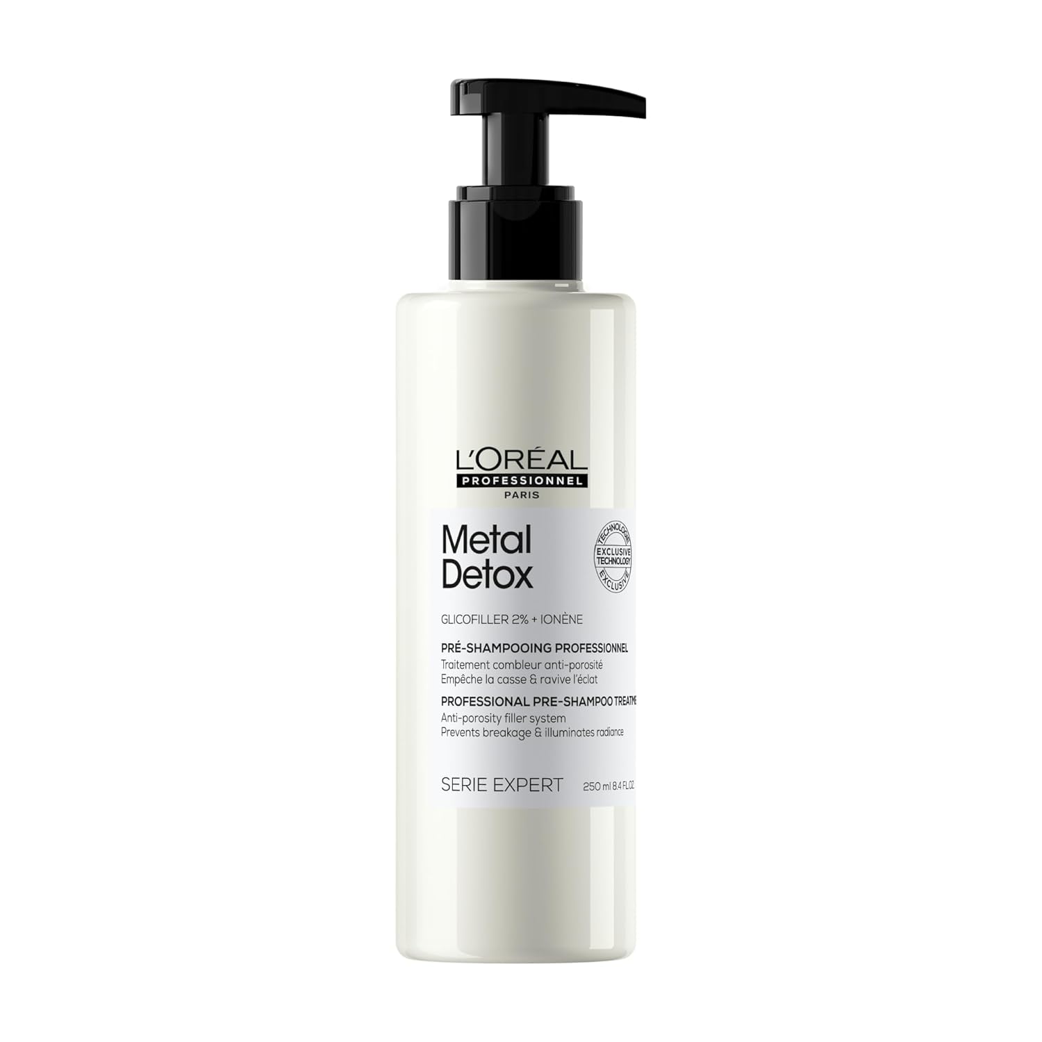 L'Oreal Professionnel Metal Detox pre-shampoo treatment bottle with pump, white and black