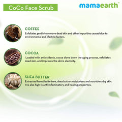 CoCo Face Scrub ingredient icons: coffee, cocoa, shea butter