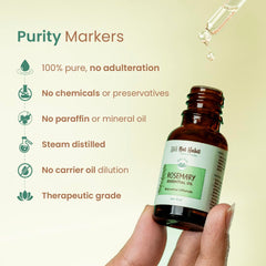 Hand holding 15 ml rosemary essential oil bottle with green label and dark dropper cap.