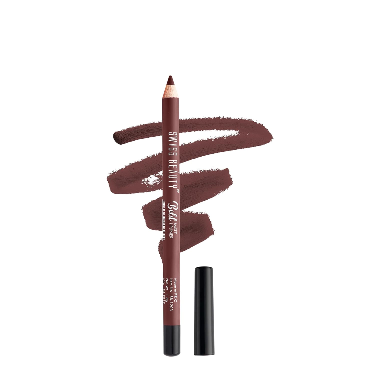 Bold matte lip liner pencil, dark berry-brown tip and matching cap