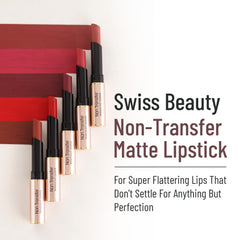 Non-transfer matte lipstick tubes with maroon swatches and multiple shades shown