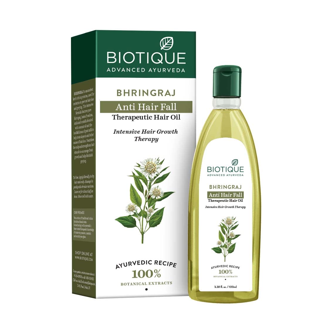 Bhringraj therapeutic hair oil bottle and carton, green cap and label, 100 ml