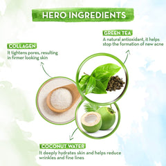 Ingredients infographic with icons: collagen, green tea, coconut water, leaf accents