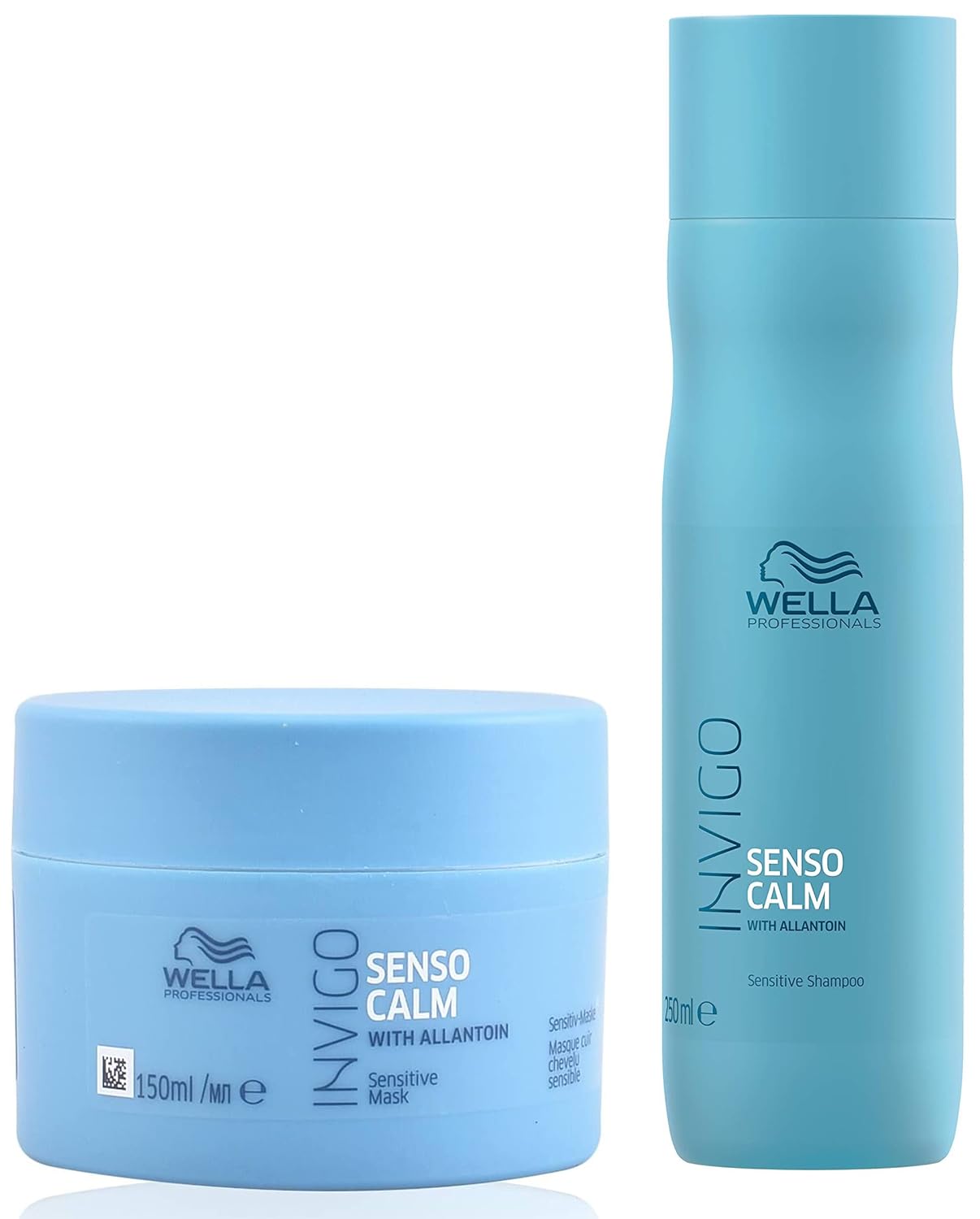 Wella Professionals Invigo Senso Calm shampoo bottle and mask jar, blue