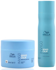 Wella Professionals Invigo Senso Calm shampoo bottle and mask jar, blue