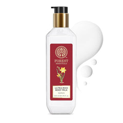 Forest Essentials ultra-rich body milk bottle with white cream drop swirls