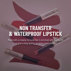 Non-transfer waterproof lipstick display with applicators and maroon matte swatches