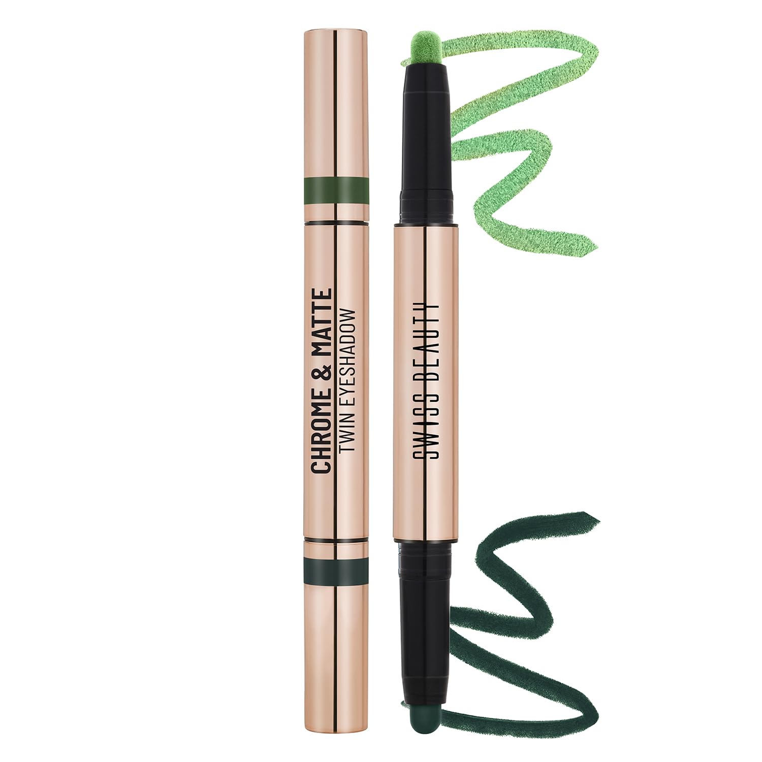 Twin chrome & matte eyeshadow stick with green swatch on a wand tip