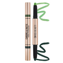 Twin chrome & matte eyeshadow stick with green swatch on a wand tip