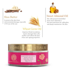 Forest Essentials body cream jar with ingredient callouts, rose absolute