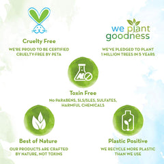 Baby shampoo certification icons: cruelty free, toxin free, plant goodness, recycling