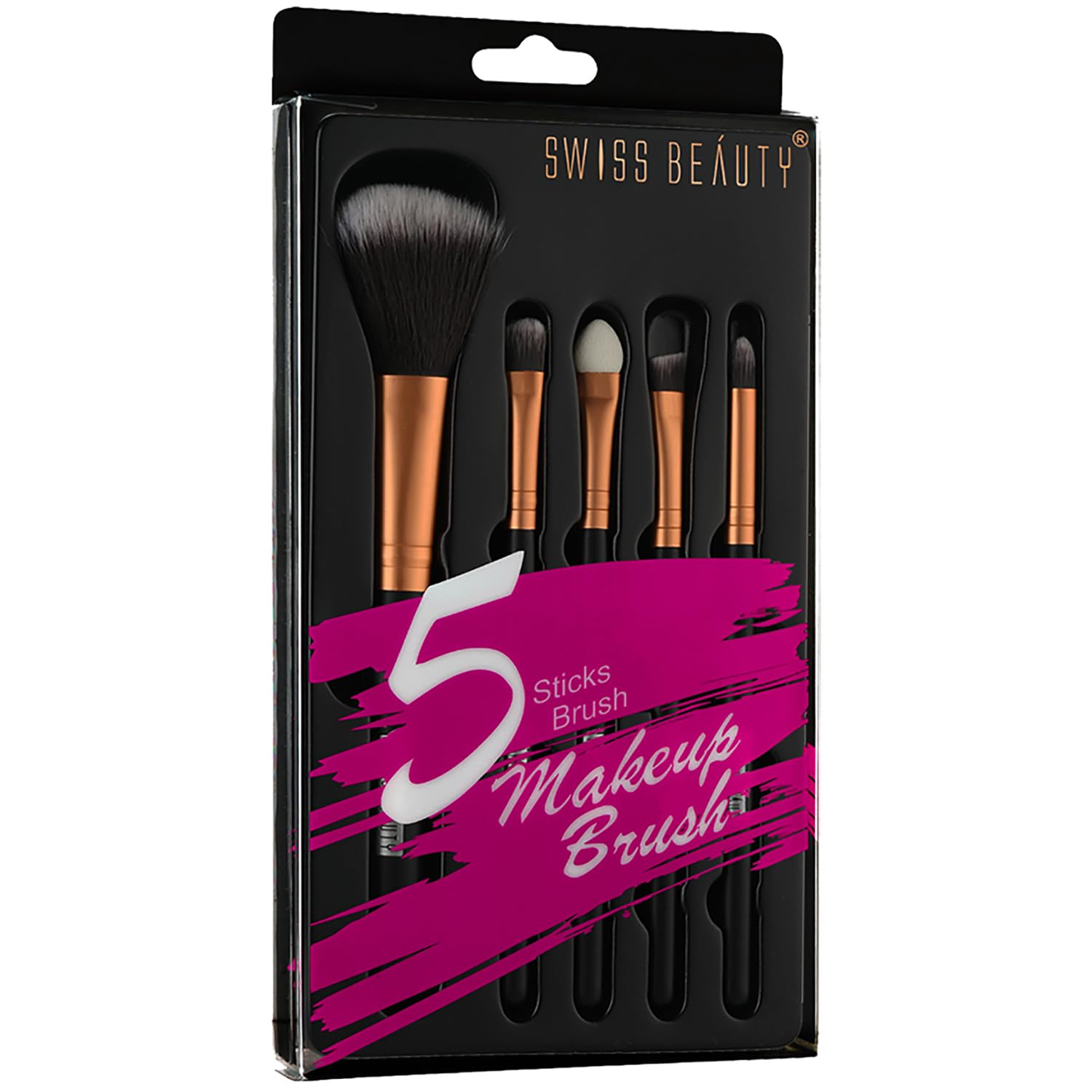 Makeup brush set of 5 with golden handles, in black blister box packaging
