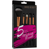 Makeup brush set of 5 with golden handles, in black blister box packaging