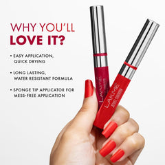 Maroon liquid sindoor tube and sponge-tip applicators held in a hand with red nails