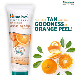 Orange face scrub tube with orange peel and green leaf illustrations