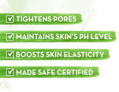 Benefits infographic with checkmarks: tightens pores, boosts elasticity, pH balance