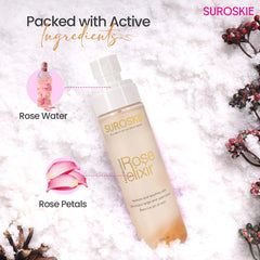 Suroskie Rose Elixir facial spray bottle with rose-themed ingredient visuals