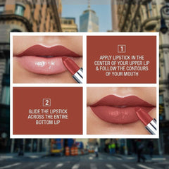 Rose-pink matte lipstick on lips, with lipstick tip applying along the bottom lip.