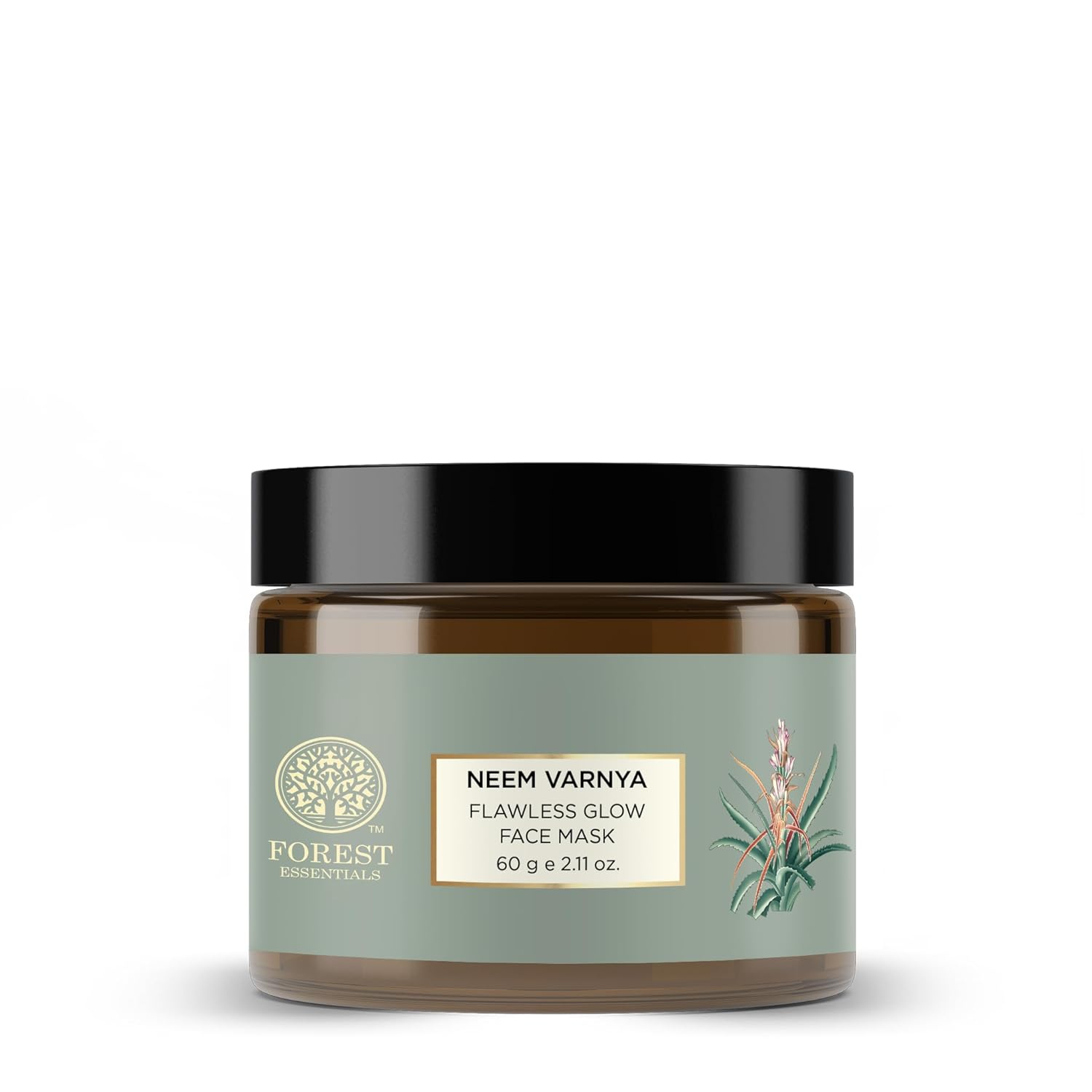 Facial mask jar with black lid, pale green label reading Neem Varnya Flawless Glow