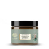 Facial mask jar with black lid, pale green label reading Neem Varnya Flawless Glow