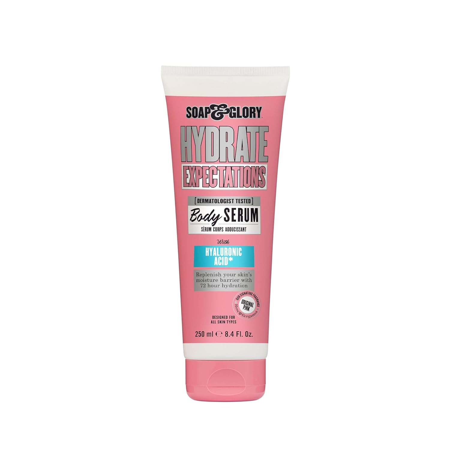 Hydrate Expectations body serum tube, pink with white cap and front label