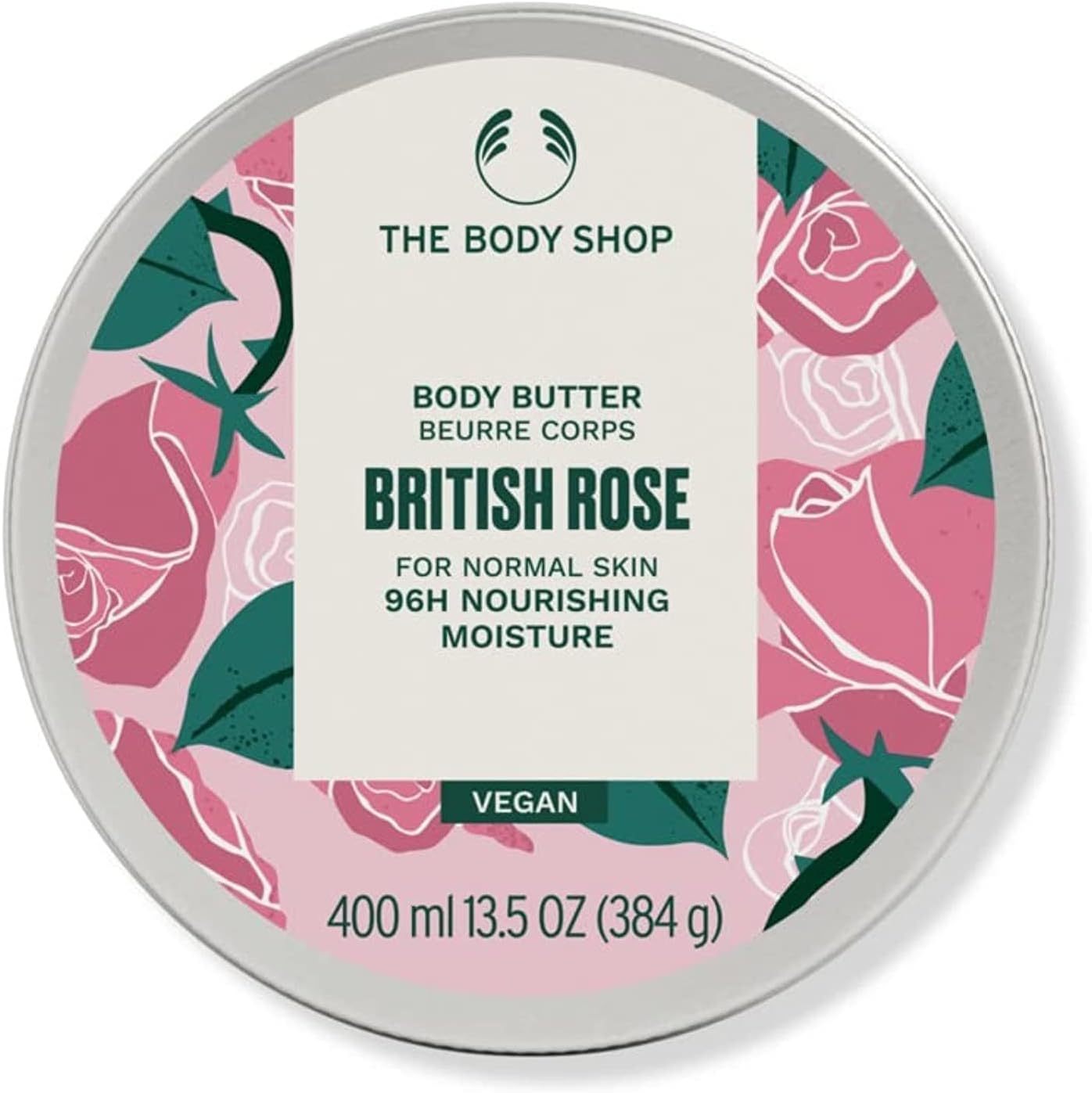 The Body Shop British Rose body butter in round 400 ml tin with floral label