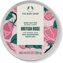 The Body Shop British Rose body butter in round 400 ml tin with floral label