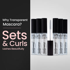 Transparent mascara bottles in a row with black caps and clear tubes.