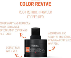 Goldwell Color Revive root retouch powder bottle with Copper Red text and arrows