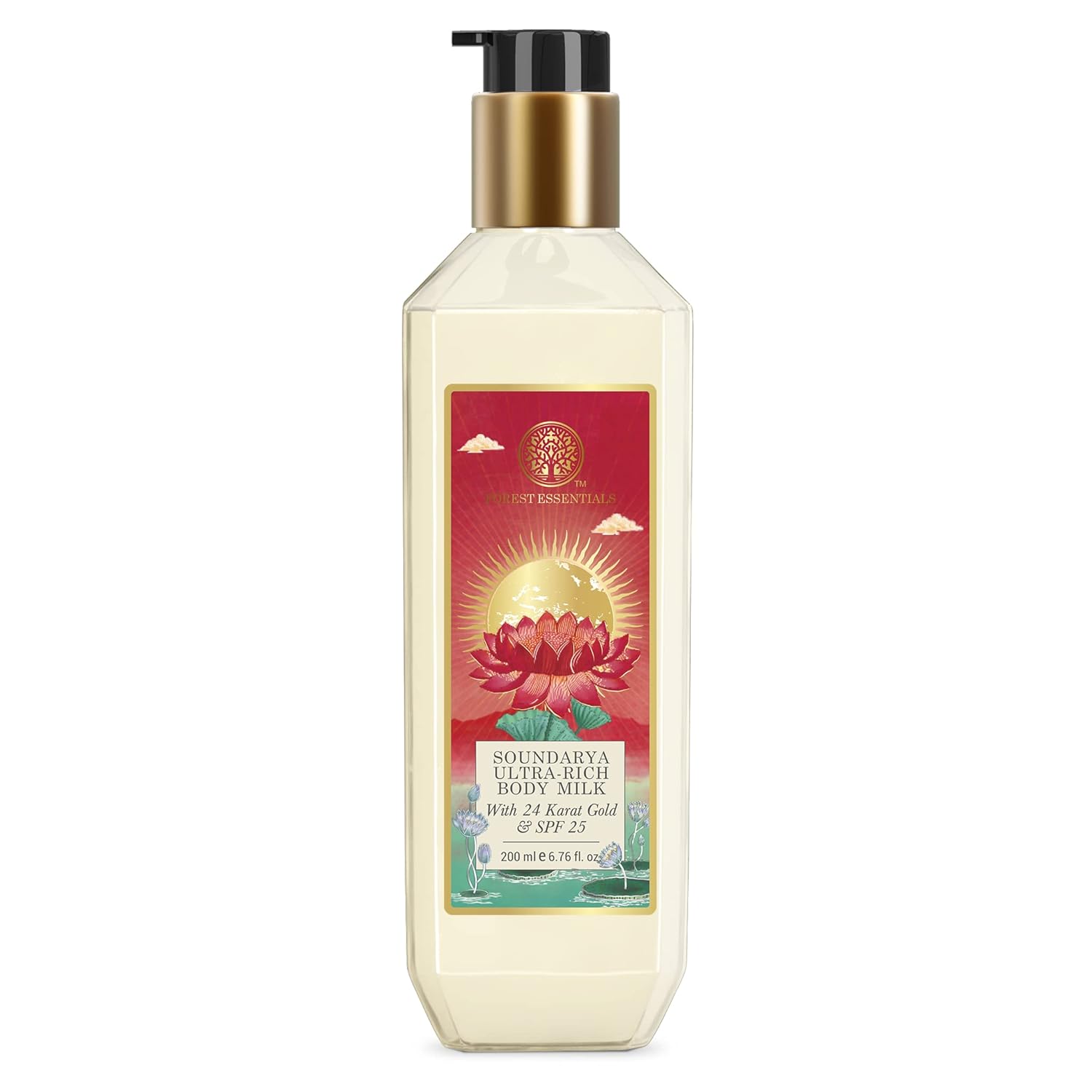 Forest Essentials body milk bottle with gold pump; front label, SPF25, 24K Gold