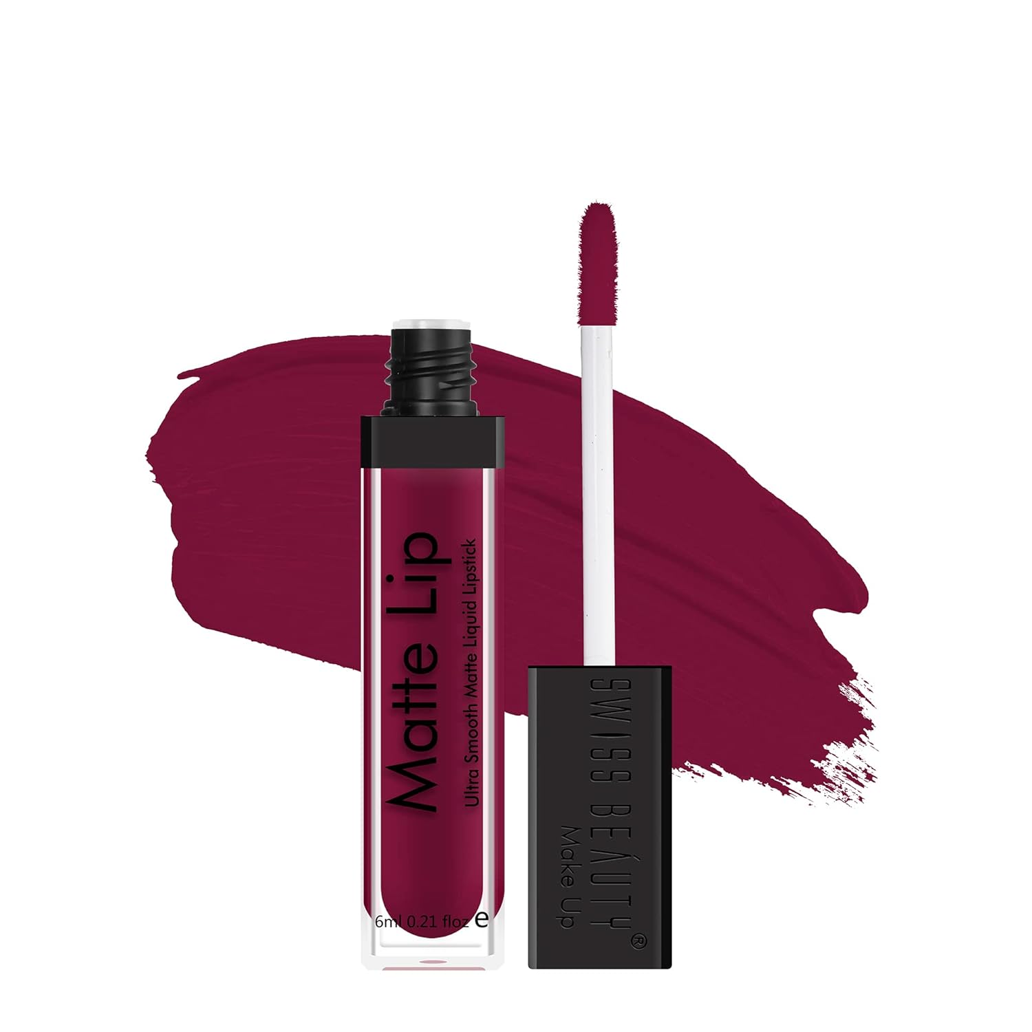 Matte lip liquid lipstick in dark wine with applicator wand, cap, and tube