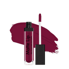 Matte lip liquid lipstick in dark wine with applicator wand, cap, and tube