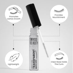Transparent mascara bottle with clear liquid and detailed spoolie brush, front view.